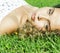 Young cute adorable real summer girl on green grass outside relaxing smiling, lifestyle people concept