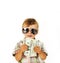 Young cute boy holding lot of cash, american dollars isolated close up