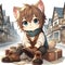 A young cute cat cobbler, sitting in street of a beautiful village, cute face, adorable, cartoon, digital anime art, animal