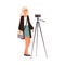 Young cute caucasian woman or girl photographer makes a photo with a camera on a tripod.