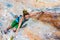 Young Cute Climber on orange blue vertical wall