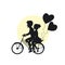 Young cute couple riding bike with heart balloons romantic silhouette