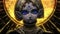 A young cute dark elf girl with a beautiful face and pointed ears, small horns on her forehead, looks away with her blue huge eyes