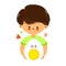 Young cute funny boy hold boiled egg in hand. Young boy hugs cute egg. Vector hand drawn doodle style cartoon character