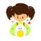 Young cute funny woman hold boiled egg in hand. Girl hugs cute egg. Vector hand drawn doodle style cartoon character