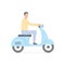 Young cute man on scooter. Cartoon guy character riding on blue motor scooter.