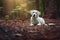 Young cute white labrador retriever dog puppy lies on the ground of the forest