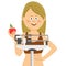 Young cute woman standing on weighing scale holding red apple. Healthy food concept