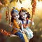 young cutest radha and krishna sculpture sitting on swing generative AI