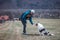Young cynologist, a dog trainer trains a four-legged pet Australian Shepherd in basic commands using treats. Love between dog and