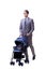 The young dad businessman with baby pram isolated on white