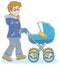 Young dad walking with a baby carriage