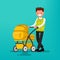 Young dad walking with a newborn that is in the stroller. Vector