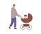 A young daddy walks with a newborn baby in a stroller. A man babysits his son, fatherhood, leave and childcare