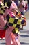 Young dancer in pink dresses on the Japanese traditional parade on EXPO 2015