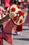 Young dancers typical hat in red color on the Japanese traditional parade on EXPO 2015