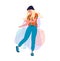 Young dancing woman with blonde hair in fashionable clothes on abstract background. Happy girl drawing in flat style.