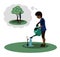 Young dark-skinned boy in gardening gloves waters apple sapling from large watering can and thinks about how he will