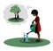 Young dark skinned girl in gardening gloves waters apple sapling from large watering can and thinks about how she will