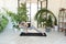 Young darkhair woman practicing yoga in the morning at her home near plants. The woman is engaged in self-determination