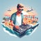 young deejay, wear glasses earphone hosting dj set at crowded beach party tropical island isometric