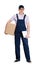 Young delivery man in overalls hands parcel box