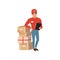 Young delivery man standing near stack of cardboard boxes with clip board in hand. Cartoon courier character in red cap