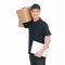 Young deliveryman at work. Cheerful young deliveryman holding c