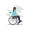 Young disabled black female character sitting in a wheelchair. Disability. Daily life. Flat editable vector illustration