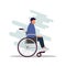 Young disabled male character sitting in a wheelchair. Disability. Daily life. Flat editable vector illustration, clip art