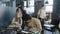 Young diverse group students classmates in medical masks come into classroom sit down at desks preparing for class