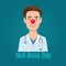 Young doctor with a red clown nose and a stethoscope. Illustration of Red Nose Day