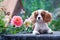 Young dog cavalier king charles spaniel lies on a table with a flower