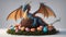 Young dragon protecting nest, surrounded by colorful eggs ai created