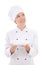 Young dreaming woman chef in uniform holding empty plate isolate