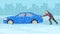 Young driver man pushing his car stuck in snow. Winter season view. Flat vector illustration.