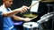 Young drummer playing at drums set, Human hands playing the drum kit in music room, musical instruments and entertainment concept