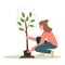 Young eco volunteer girl plants a tree. Environmental care, volunteerism, reforestation concept, spring gardening. Flat cartoon