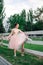 a young elegant ballerina has lifted her foot on the wooden board of the fence of the horse pen in the amusement park