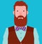 Young elegant bearded hipster with brown vest and bow tie