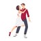 Young elegant romantic couple dancing salsa. Passionate male and female dancers performing choreographic elements at