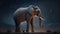 A young elephant with bright blue and orange tusks, looking up at the night sky full of stars and constellations. Generative AI
