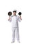 young emotional chef in uniform with frying pans