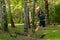 A young enduring athletic athlete is doing stretching in the forest outdoors, around the forest, oak trees.active runner