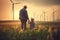 Young engineer caring for his daughter and looking at windmill field at sunset, concept of renewable energy, love, nature, family