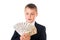 Young enterprising boy schoolboy in a business suit holding money in his hands. How to earn the first million dollars