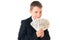 Young enterprising boy schoolboy in a business suit holding money in his hands. How to earn the first million dollars