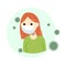 Young European girl red-haired square in a medical mask and a green jacket. Illustration for a banner or flyer