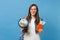 Young excited woman student in glasses with backpack holding world glove passport, boarding pass tickets isolated on