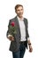 Young fair handsome man giving a red rose portrait